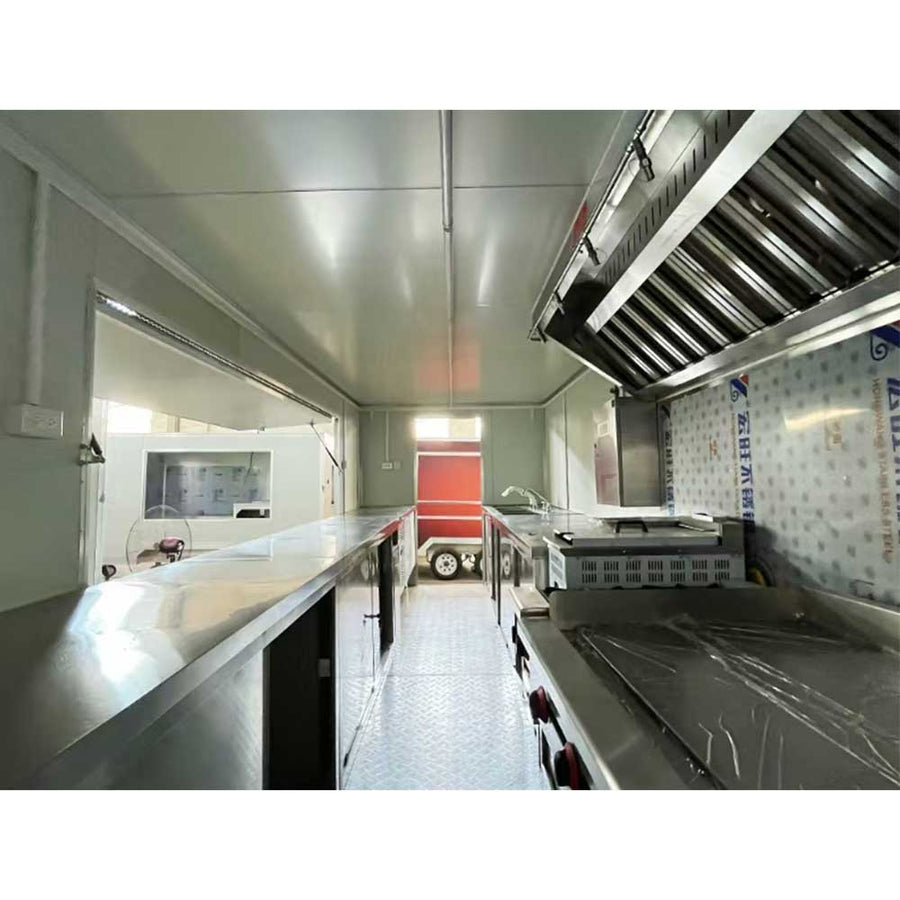 16ft mobile kitchen trailer with serving window and stainless steel equipment - also known as a food truck or concession trailer